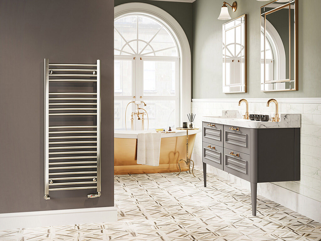 Metro towel rail in Chrome with matching TRVs by DQ Heating